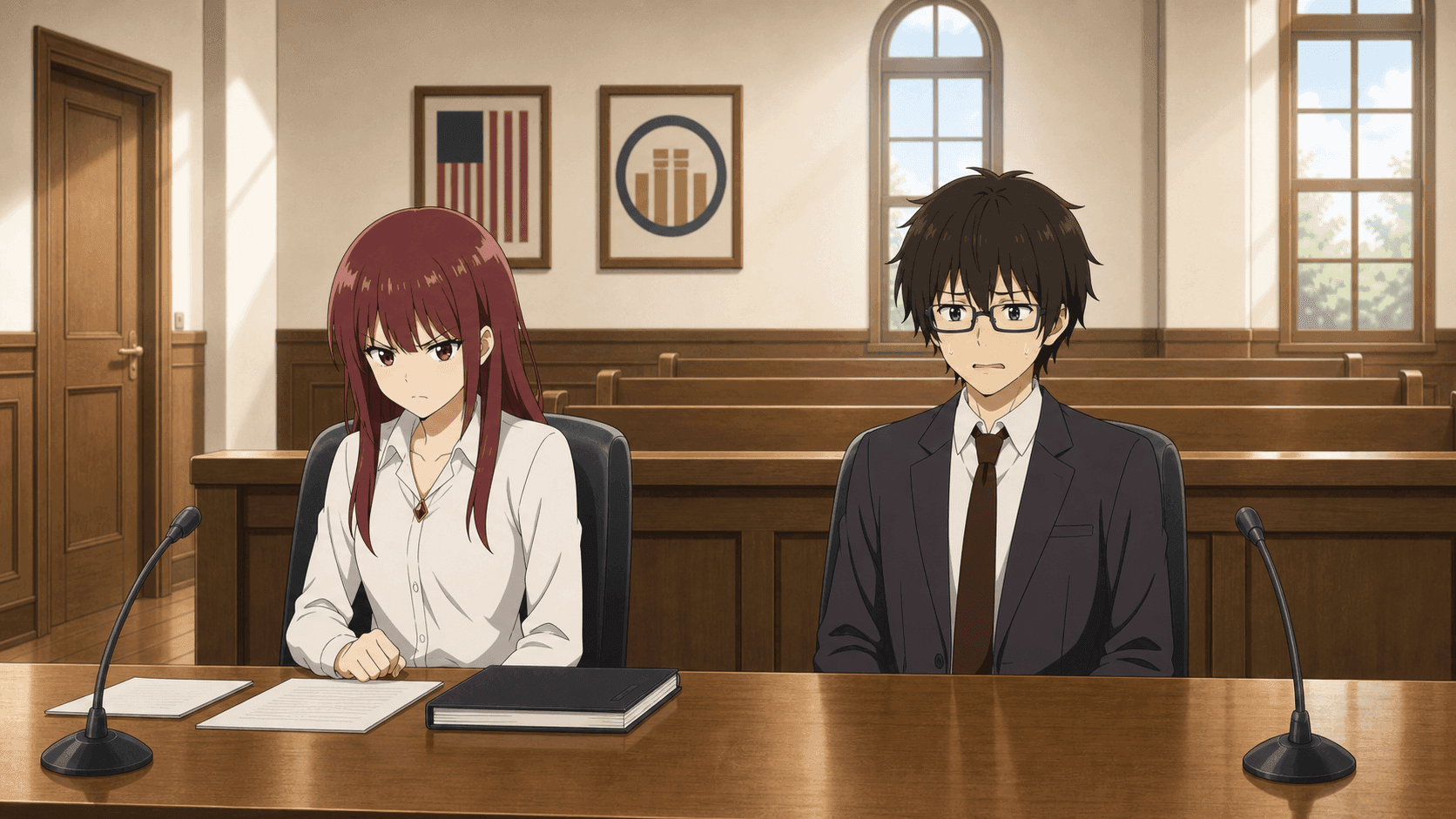 Elizabeth and Kakeru seated at a formal hearing table