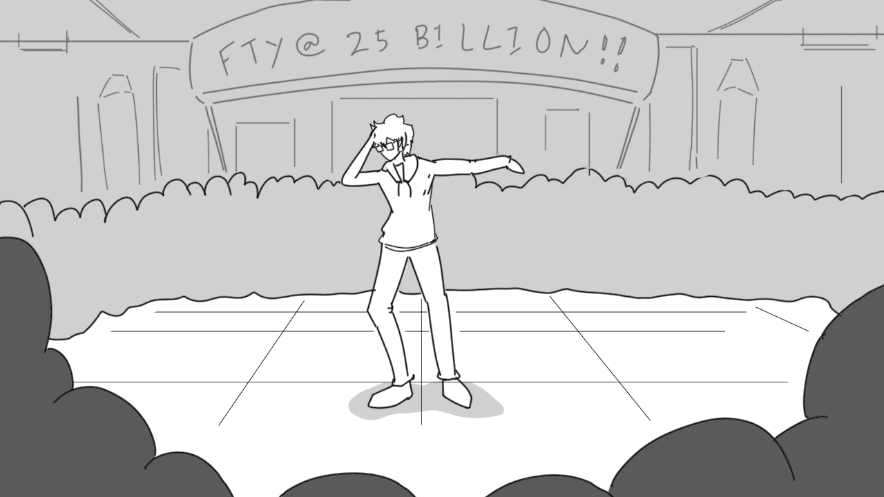 A grayscale rough storyboard frame based on the researched venue layout.