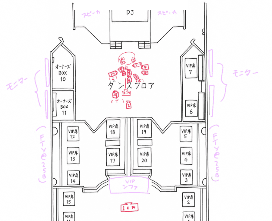 A hand-annotated venue floor plan mapping screens, seating, and rough camera positions without identifying the scene or venue.