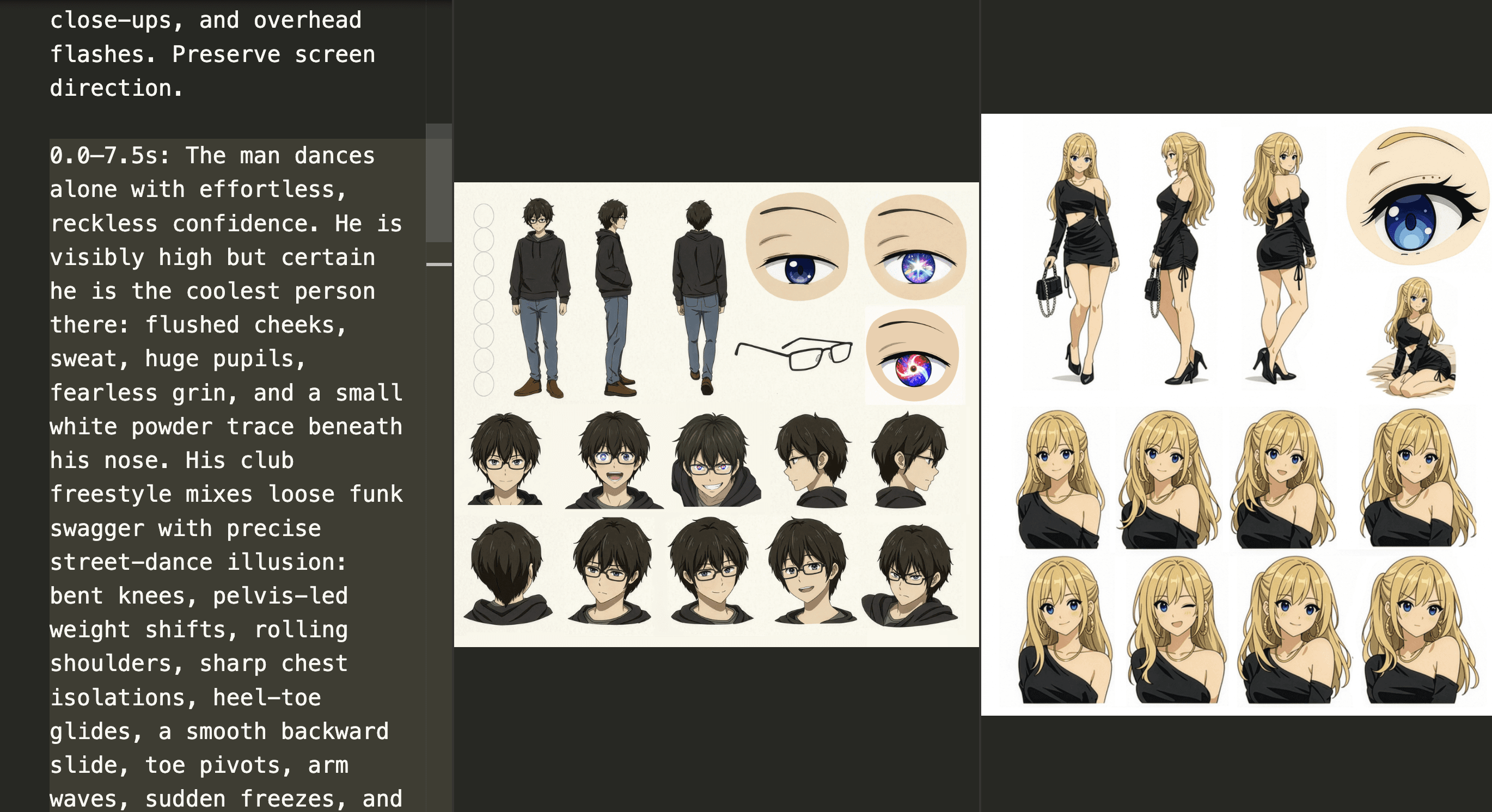 A text-only video prompt describing visual action by the second beside character design references.