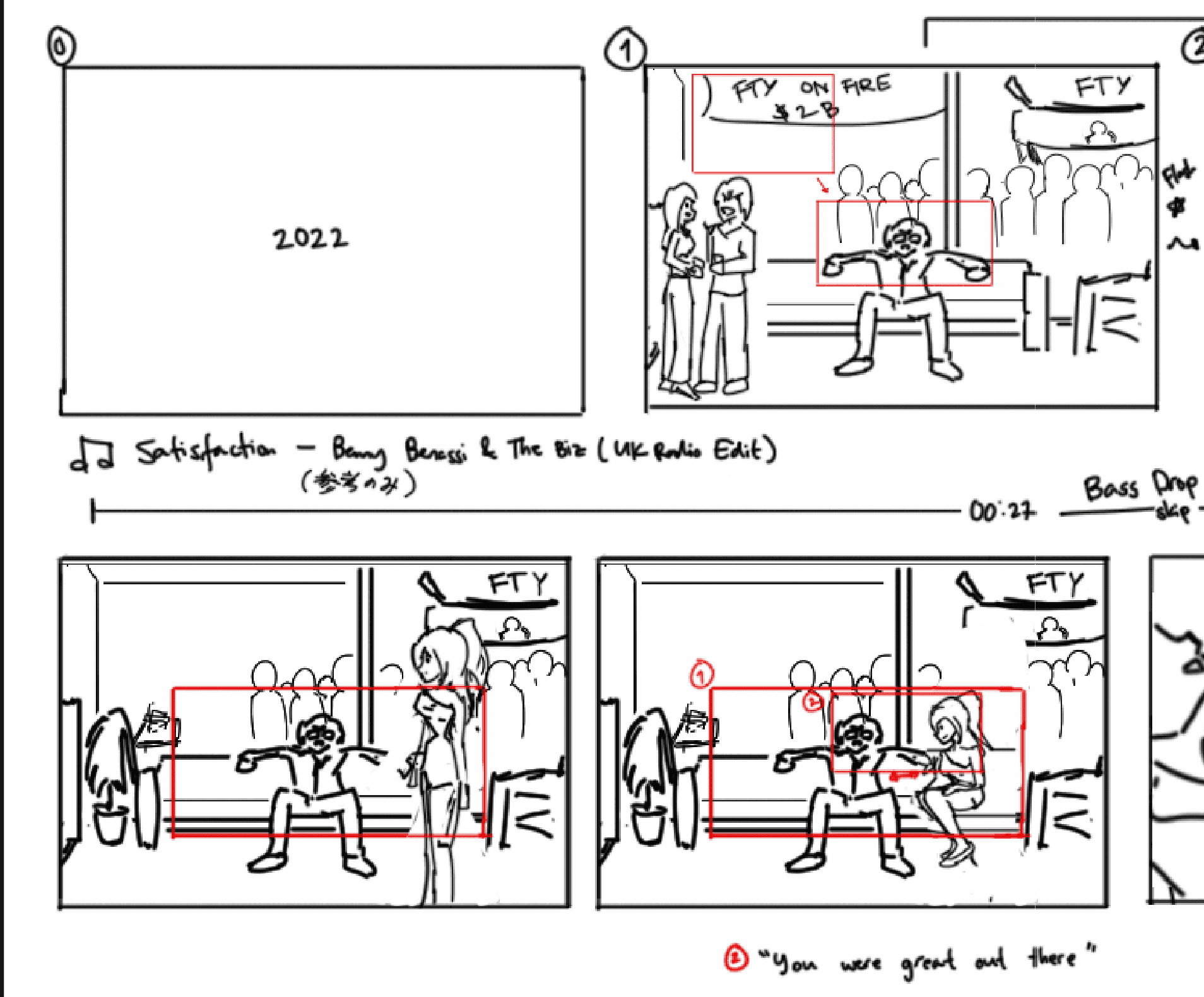 Small hand-drawn storyboard thumbnails with rough timing and framing notes.