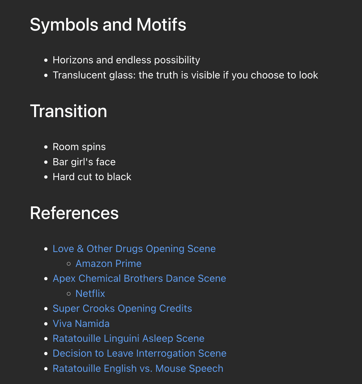 Visual notes showing symbols, motifs, transitions, and film and animation references selected manually by the director.