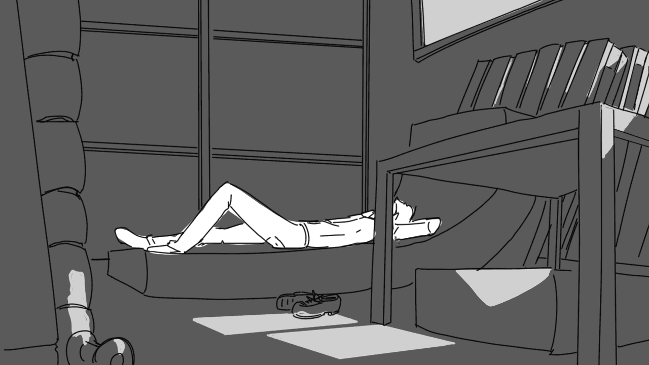 A grayscale perspective drawing used as an animation drawing warm-up.