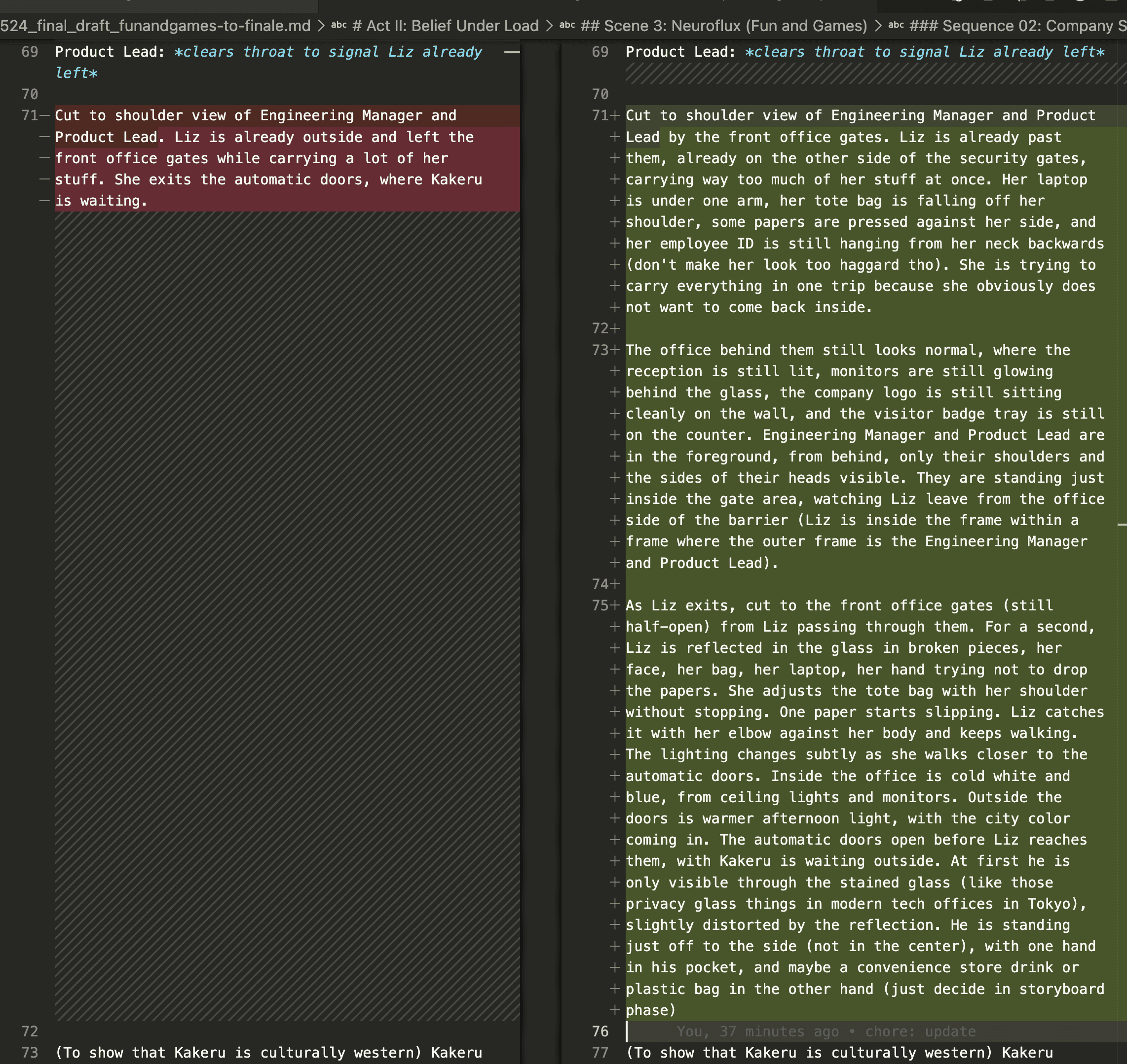 Side-by-side editor diff showing a short screenplay action paragraph expanded into detailed blocking, props, reflections, and lighting.
