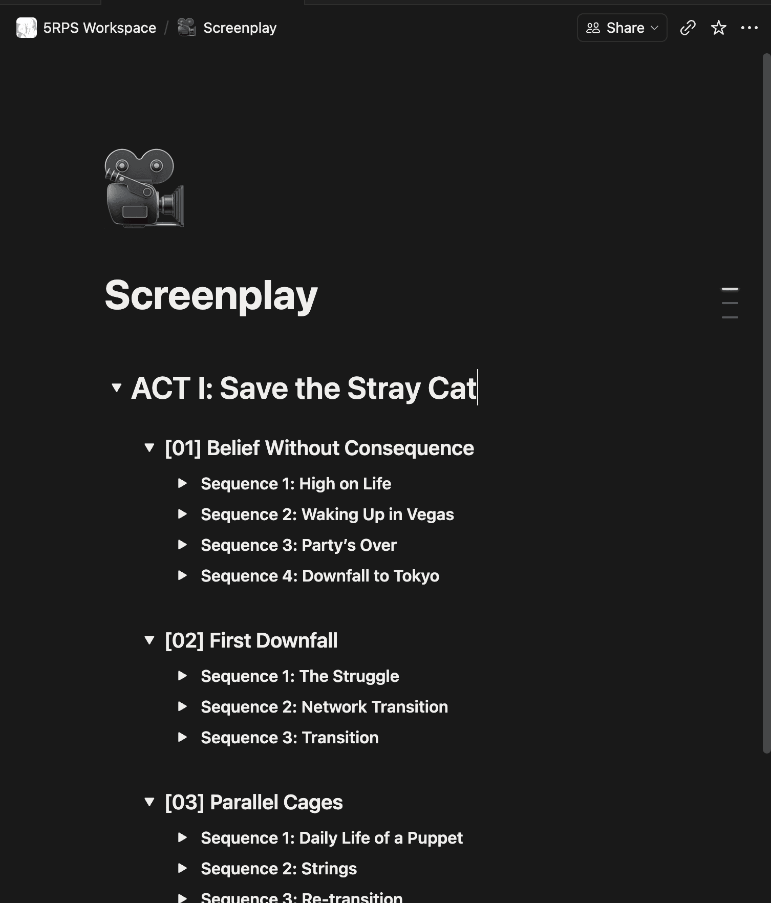 The first manual screenplay pass arranged by act, scene, and sequence in Notion.