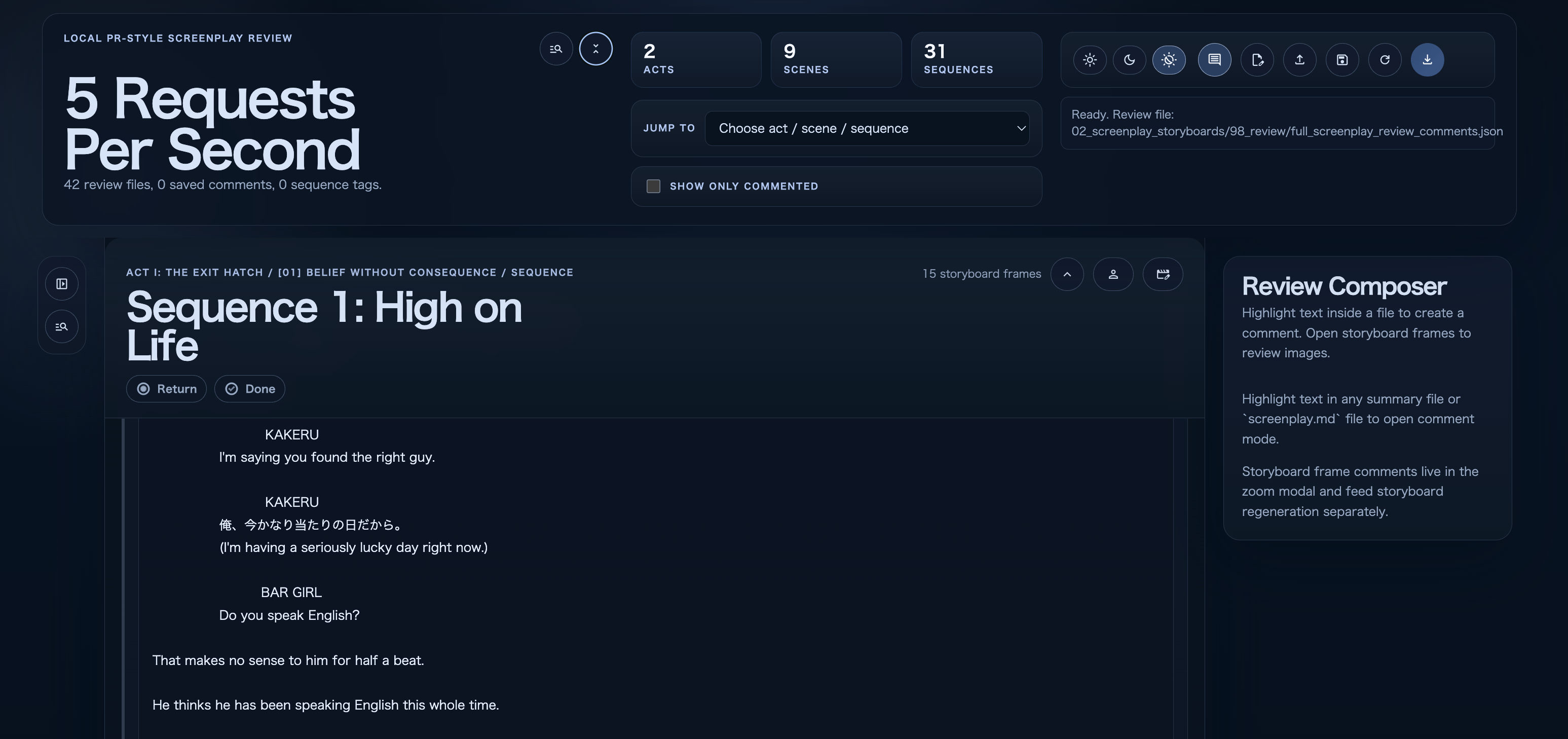 The local screenplay review app displaying dialogue, review comments, and sequence-local storyboard frames.